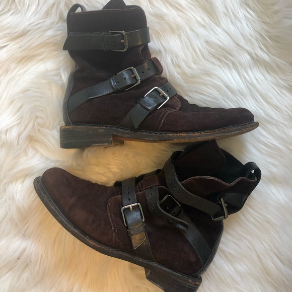 Rag & Bone brown suede motorcycle boots w/ buckles